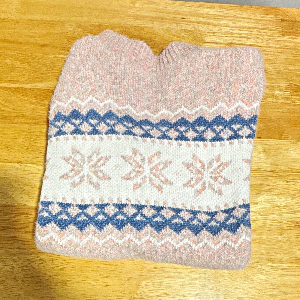 Women's L Pink/White/Blue Fair Isle Snowflake Crewneck Cotton Blend Knit Sweater